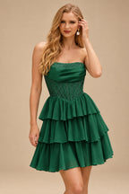 Rutipo Emerald A-line Strapless Tiered Ruffle Homecoming Dress with Beaded Ruching Corset
