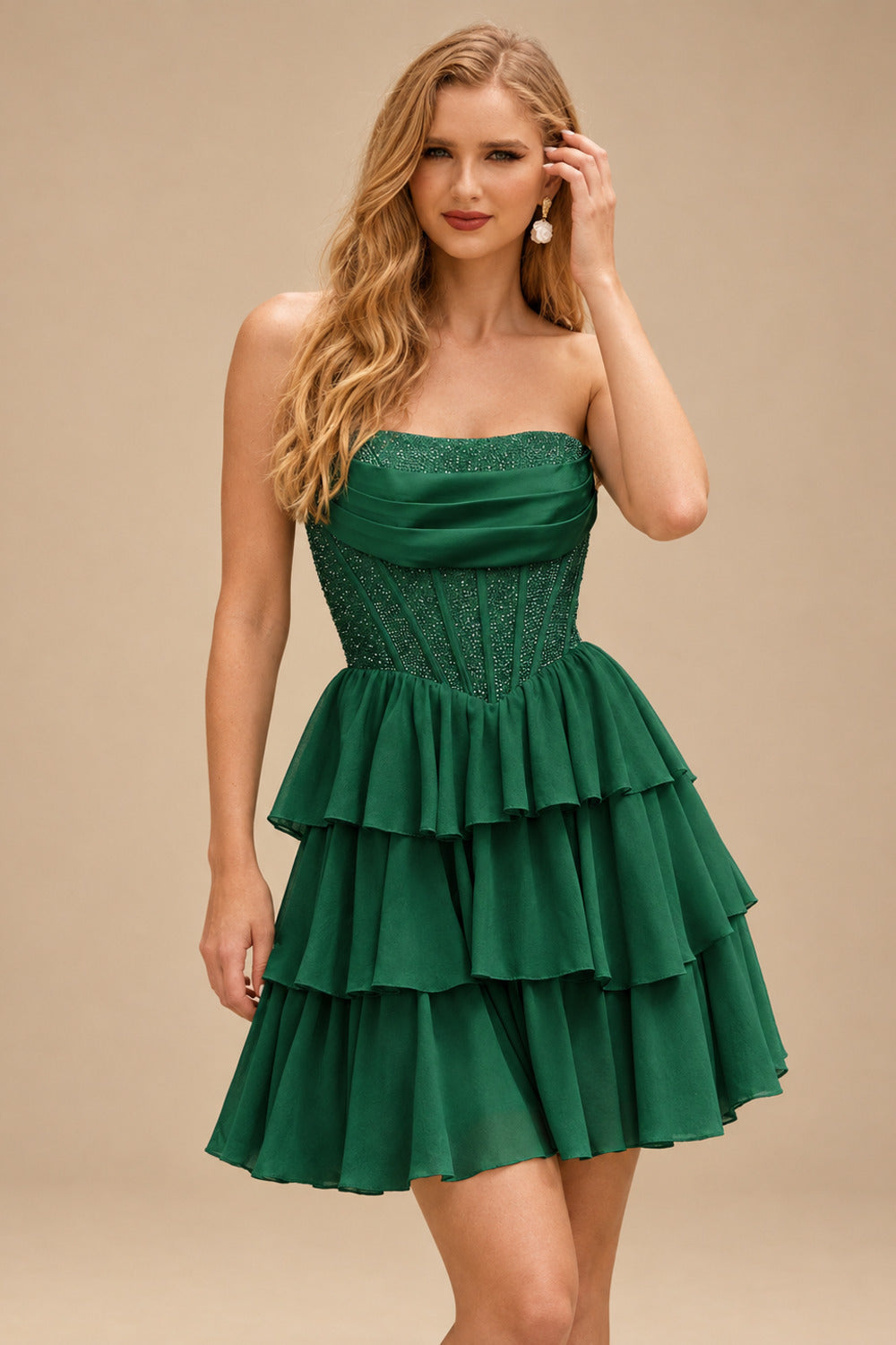Rutipo Emerald A-line Strapless Tiered Ruffle Homecoming Dress with Beaded Ruching Corset