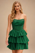 Rutipo Emerald A-line Strapless Tiered Ruffle Homecoming Dress with Beaded Ruching Corset