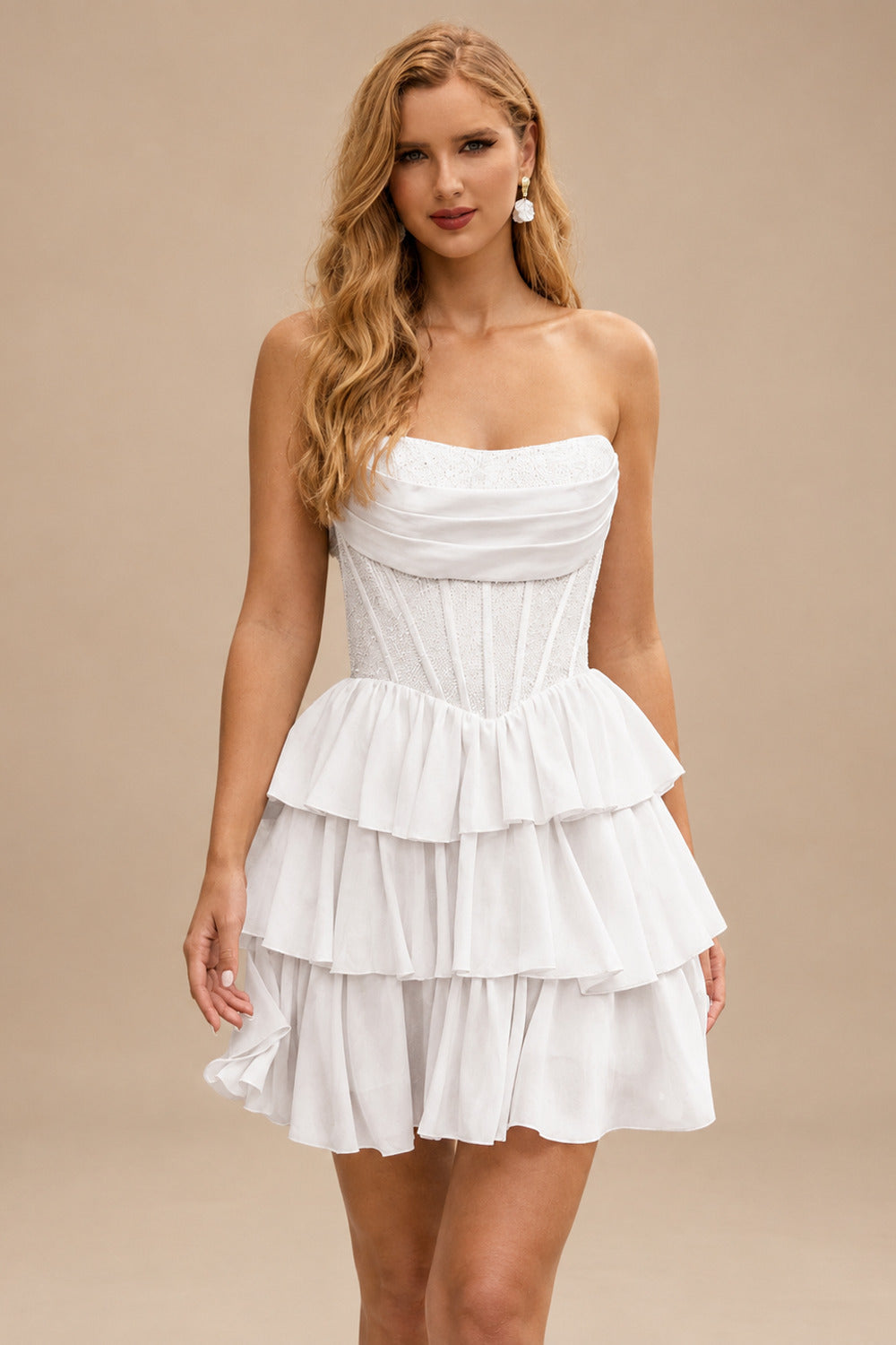 Rutipo Ivory A-line Strapless Tiered Ruffle Homecoming Dress with Beaded Ruching Corset