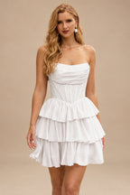 Rutipo Ivory A-line Strapless Tiered Ruffle Homecoming Dress with Beaded Ruching Corset