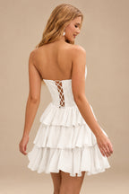 Rutipo Ivory A-line Strapless Tiered Ruffle Homecoming Dress with Beaded Ruching Corset