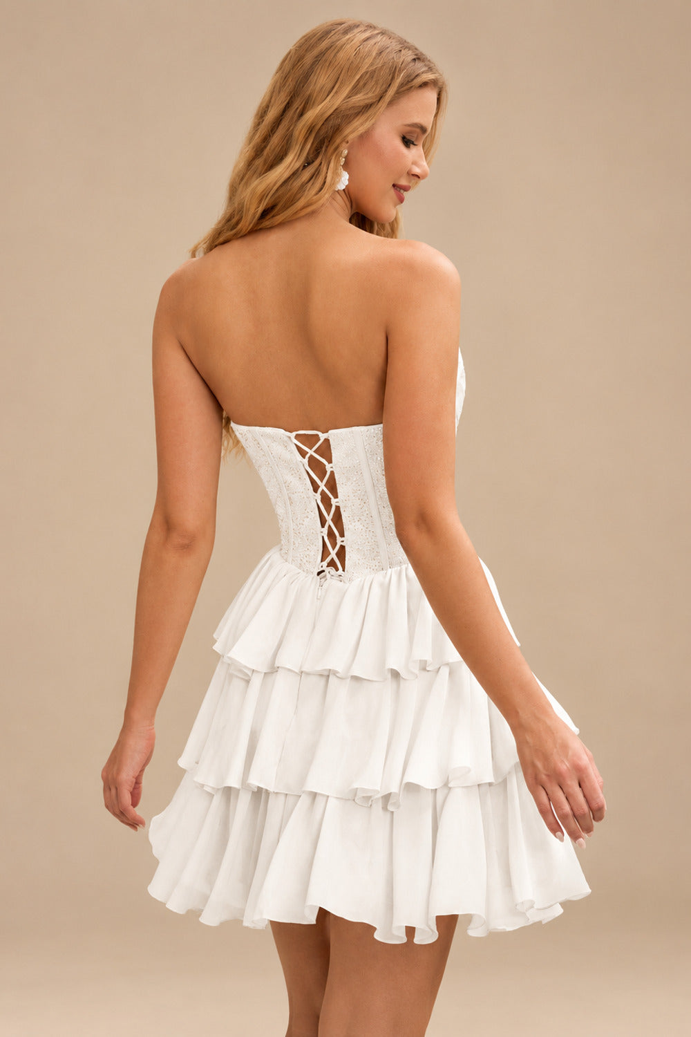 Rutipo Ivory A-line Strapless Tiered Ruffle Homecoming Dress with Beaded Ruching Corset