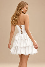 Rutipo Ivory A-line Strapless Tiered Ruffle Homecoming Dress with Beaded Ruching Corset