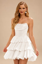 Rutipo Ivory A-line Strapless Tiered Ruffle Homecoming Dress with Beaded Ruching Corset