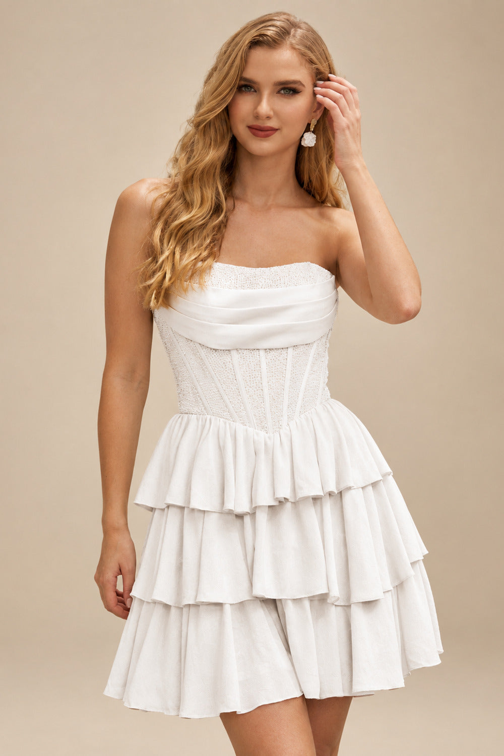 Rutipo Ivory A-line Strapless Tiered Ruffle Homecoming Dress with Beaded Ruching Corset