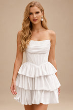 Rutipo Ivory A-line Strapless Tiered Ruffle Homecoming Dress with Beaded Ruching Corset
