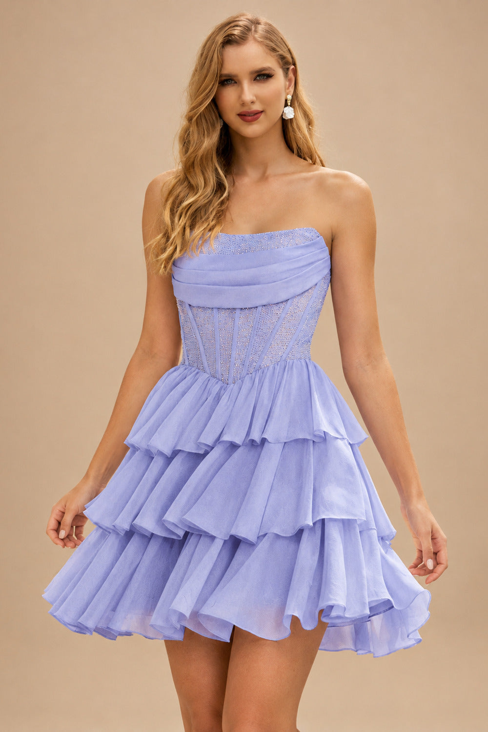 Rutipo Lavender A-line Strapless Tiered Ruffle Homecoming Dress with Beaded Ruching Corset