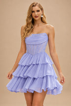 Rutipo Lavender A-line Strapless Tiered Ruffle Homecoming Dress with Beaded Ruching Corset
