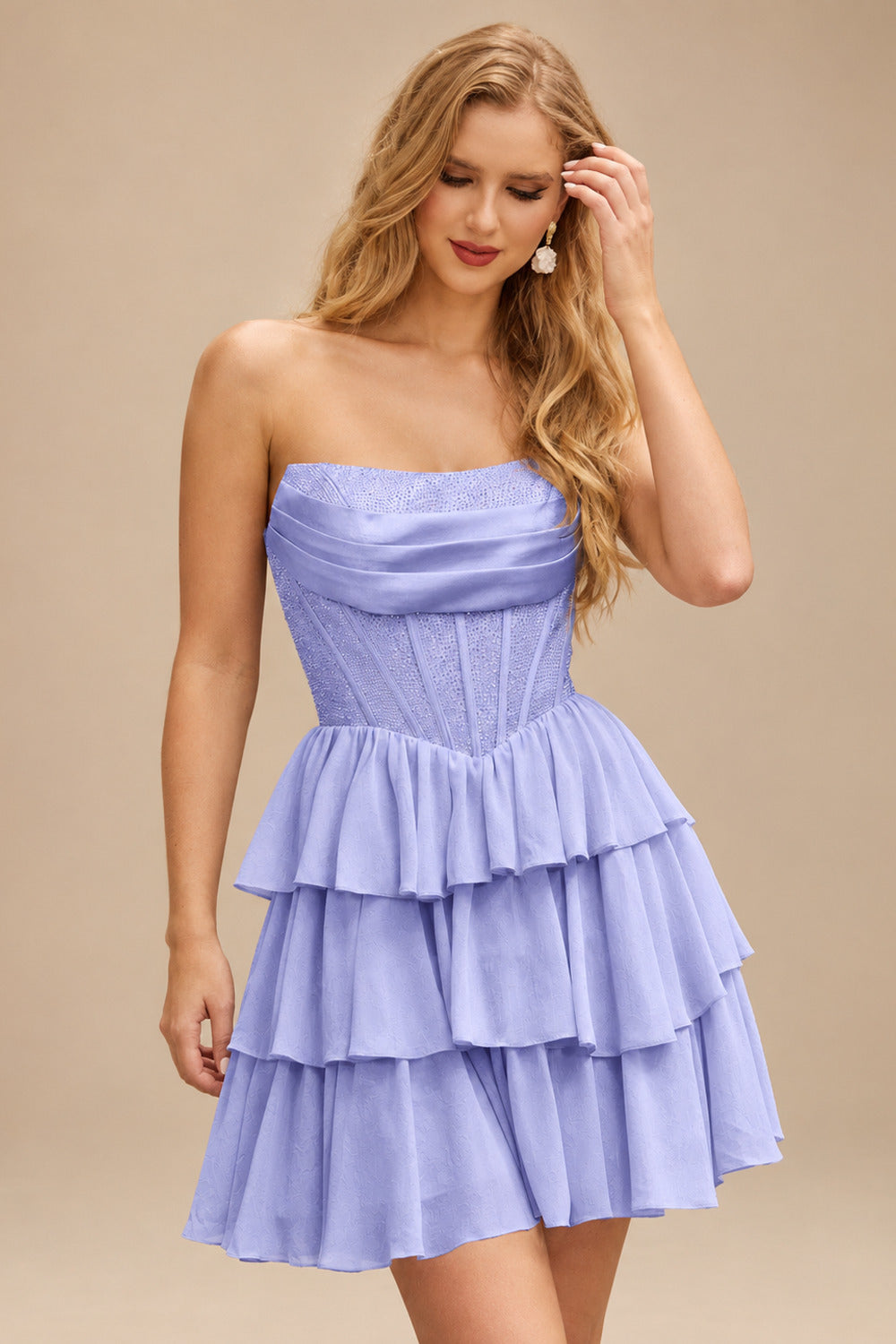 Rutipo Lavender A-line Strapless Tiered Ruffle Homecoming Dress with Beaded Ruching Corset