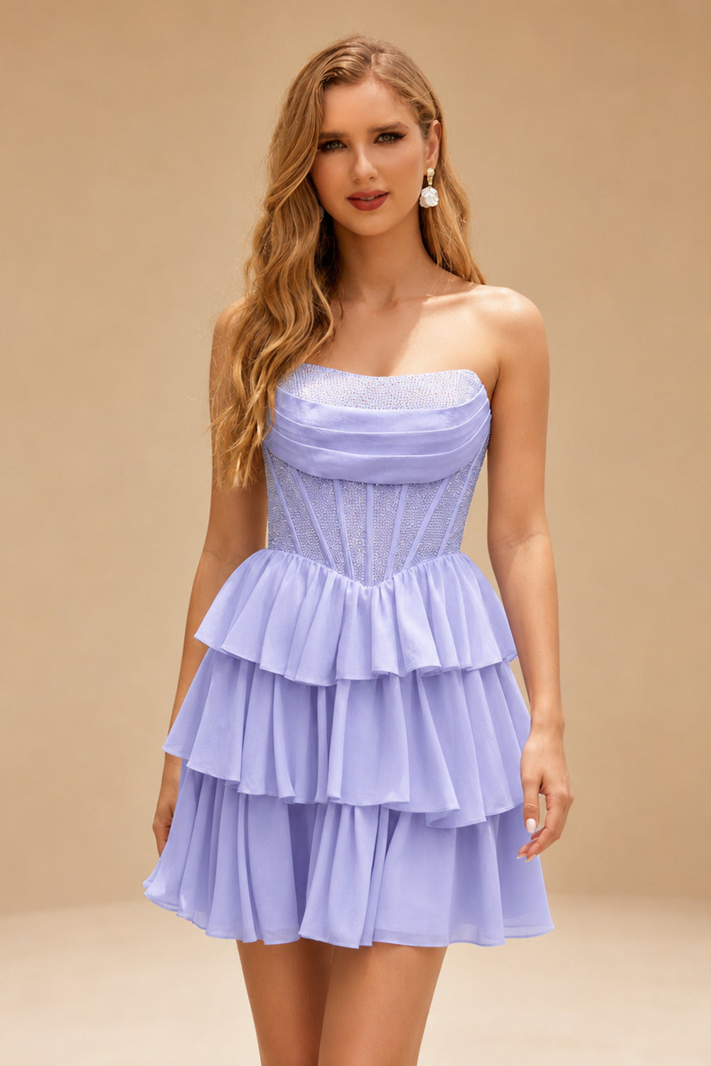 Rutipo Lavender A-line Strapless Tiered Ruffle Homecoming Dress with Beaded Ruching Corset