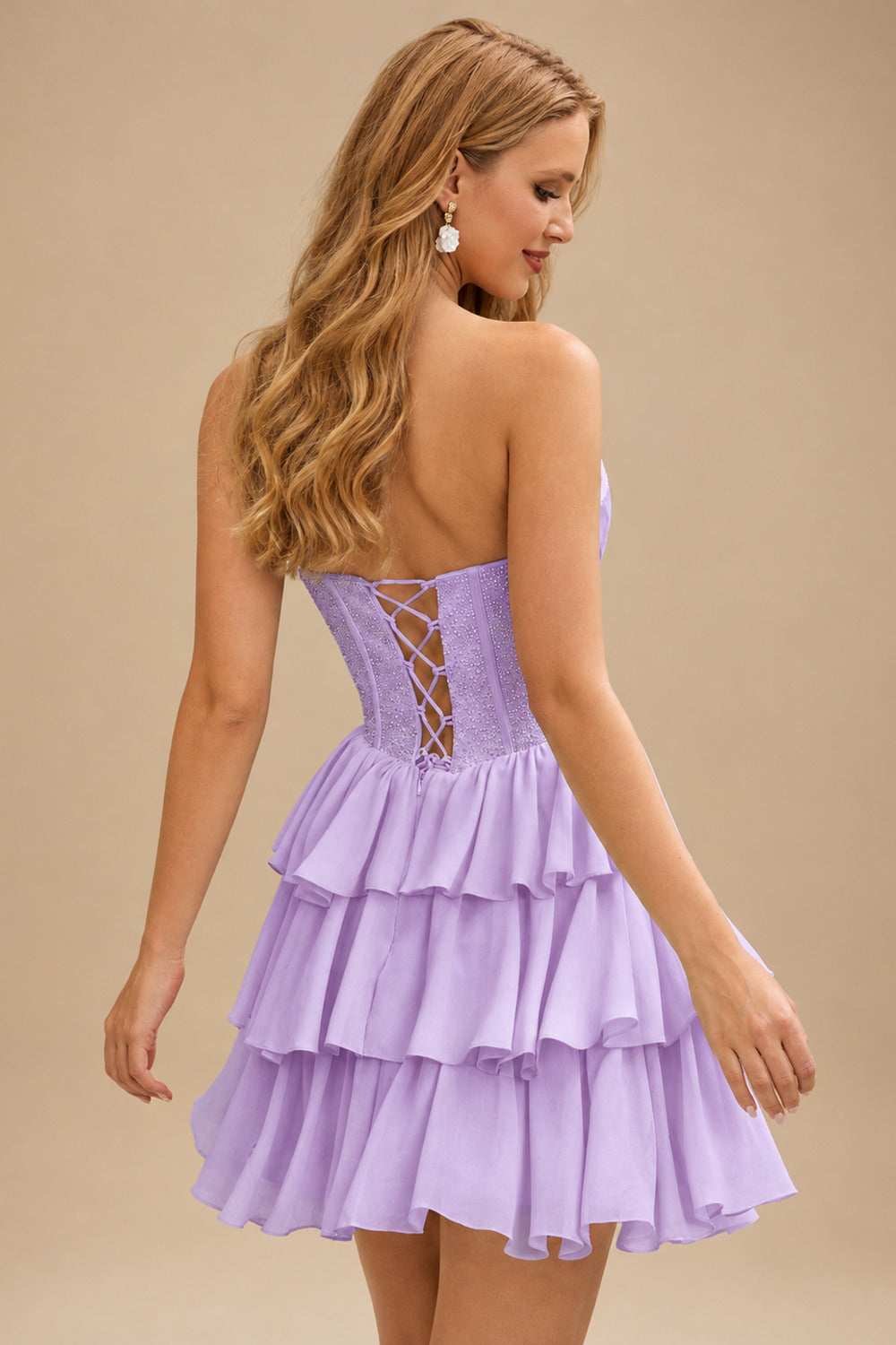Rutipo Lilac A-line Strapless Tiered Ruffle Homecoming Dress with Beaded Ruching Corset