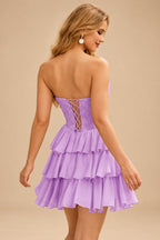 Rutipo Lilac A-line Strapless Tiered Ruffle Homecoming Dress with Beaded Ruching Corset