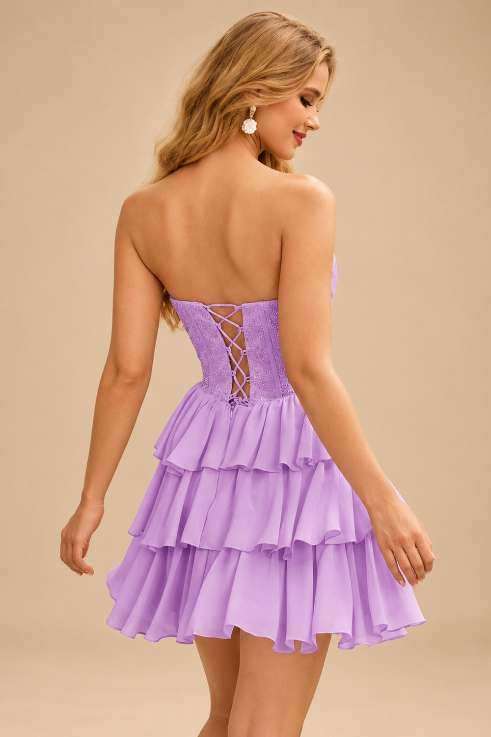 Rutipo Lilac A-line Strapless Tiered Ruffle Homecoming Dress with Beaded Ruching Corset
