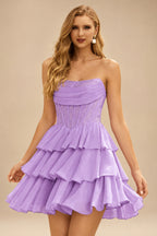 Rutipo Lilac A-line Strapless Tiered Ruffle Homecoming Dress with Beaded Ruching Corset