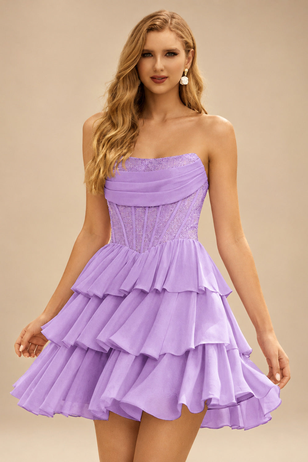 Rutipo Lilac A-line Strapless Tiered Ruffle Homecoming Dress with Beaded Ruching Corset