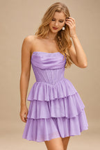Rutipo Lilac A-line Strapless Tiered Ruffle Homecoming Dress with Beaded Ruching Corset
