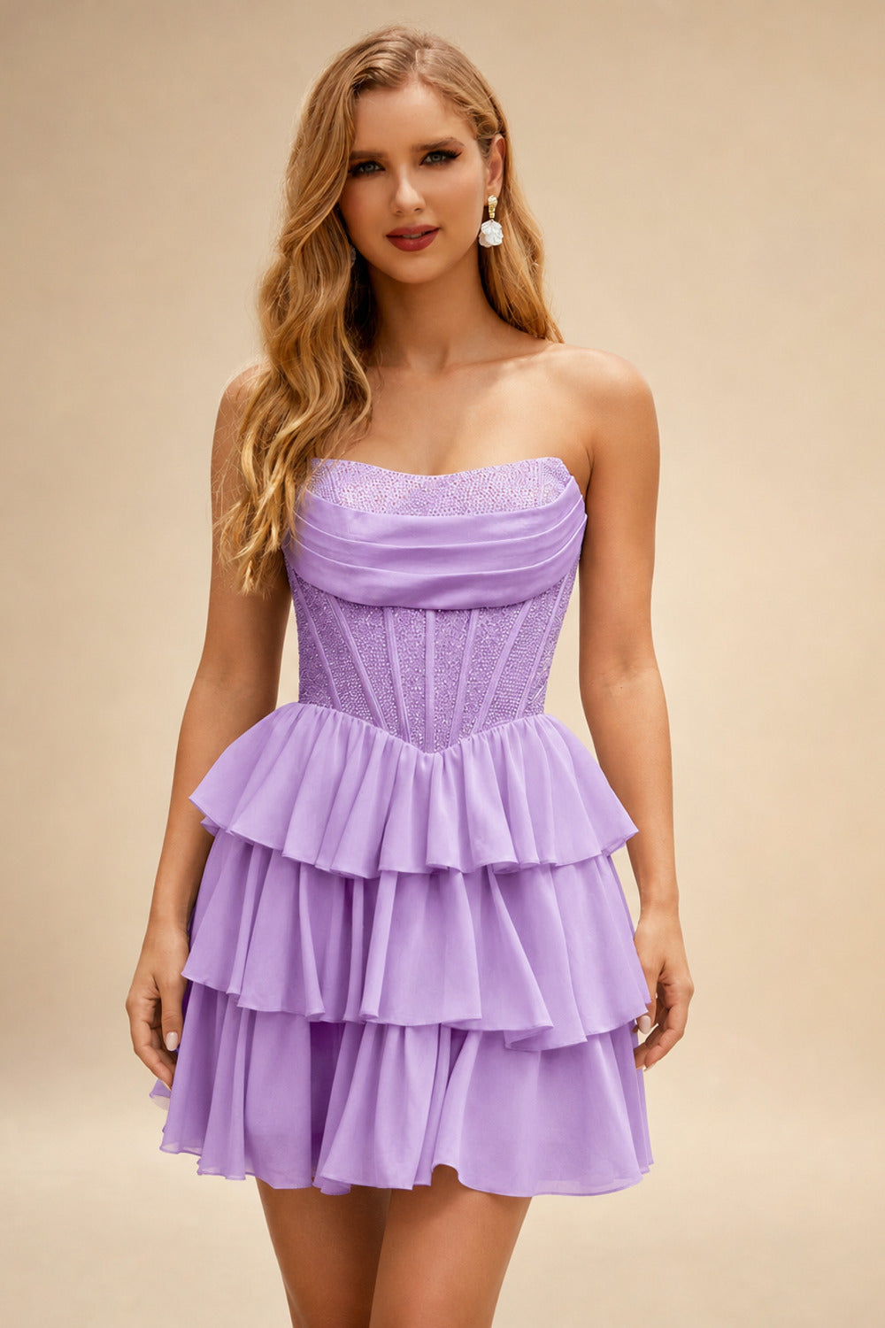 Rutipo Lilac A-line Strapless Tiered Ruffle Homecoming Dress with Beaded Ruching Corset