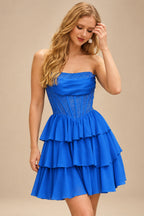 Rutipo Ocean Blue A-line Strapless Tiered Ruffle Homecoming Dress with Beaded Ruching Corset