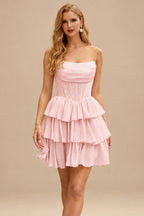 Rutipo Pearl Pink A-line Strapless Tiered Ruffle Homecoming Dress with Beaded Ruching Corset