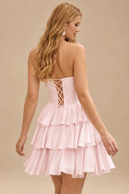 Rutipo Pearl Pink A-line Strapless Tiered Ruffle Homecoming Dress with Beaded Ruching Corset