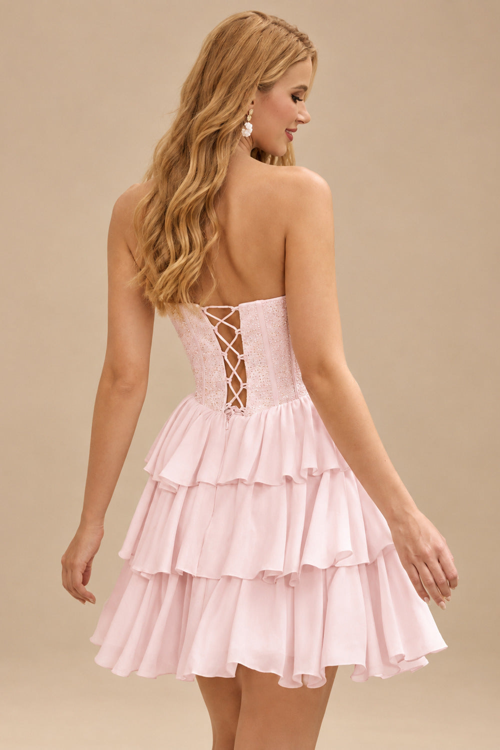 Rutipo Pearl Pink A-line Strapless Tiered Ruffle Homecoming Dress with Beaded Ruching Corset