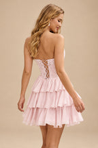 Rutipo Pearl Pink A-line Strapless Tiered Ruffle Homecoming Dress with Beaded Ruching Corset