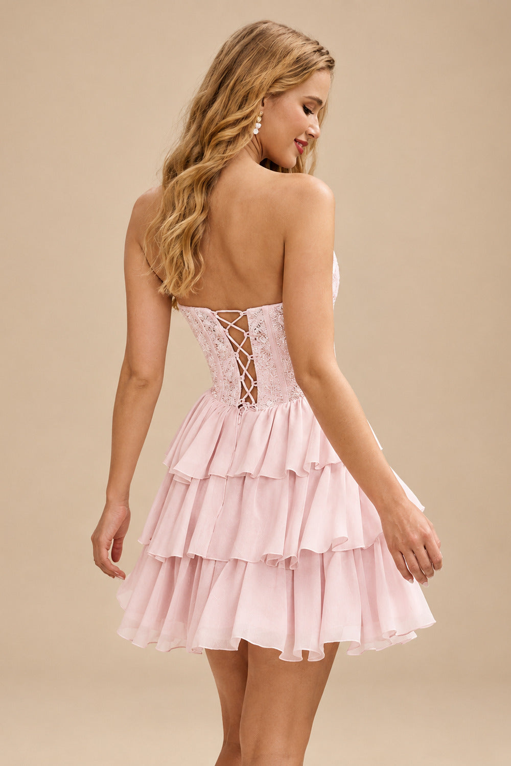 Rutipo Pearl Pink A-line Strapless Tiered Ruffle Homecoming Dress with Beaded Ruching Corset