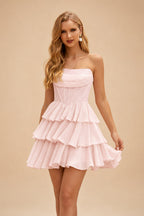 Rutipo Pearl Pink A-line Strapless Tiered Ruffle Homecoming Dress with Beaded Ruching Corset