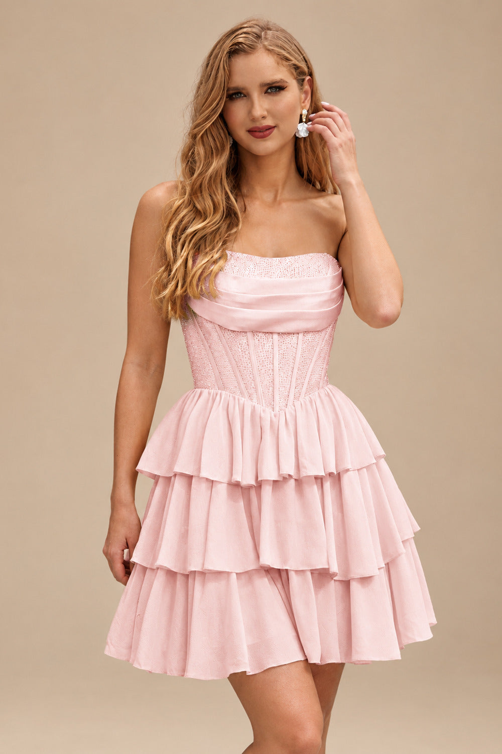 Rutipo Pearl Pink A-line Strapless Tiered Ruffle Homecoming Dress with Beaded Ruching Corset