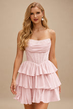 Rutipo Pearl Pink A-line Strapless Tiered Ruffle Homecoming Dress with Beaded Ruching Corset