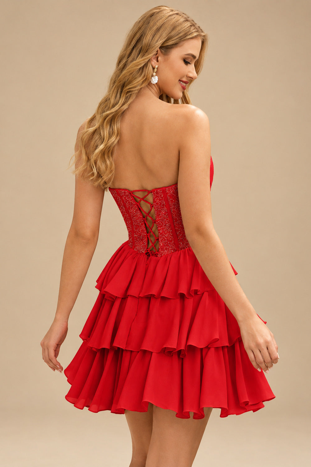 Rutipo Red A-line Strapless Tiered Ruffle Homecoming Dress with Beaded Ruching Corset