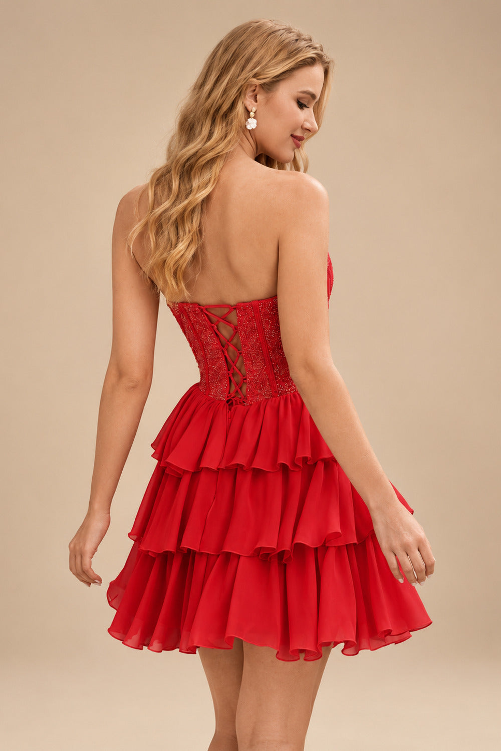 Rutipo Red A-line Strapless Tiered Ruffle Homecoming Dress with Beaded Ruching Corset