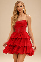 Rutipo Red A-line Strapless Tiered Ruffle Homecoming Dress with Beaded Ruching Corset