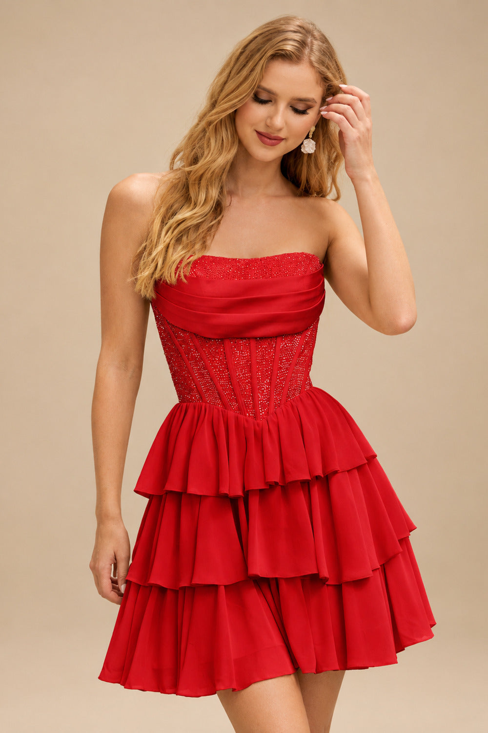 Rutipo Red A-line Strapless Tiered Ruffle Homecoming Dress with Beaded Ruching Corset