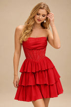 Rutipo Red A-line Strapless Tiered Ruffle Homecoming Dress with Beaded Ruching Corset