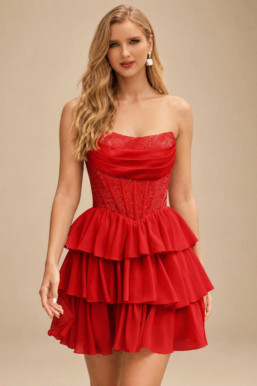 Rutipo Red A-line Strapless Tiered Ruffle Homecoming Dress with Beaded Ruching Corset