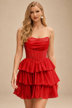 Rutipo Red A-line Strapless Tiered Ruffle Homecoming Dress with Beaded Ruching Corset