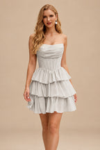 Rutipo Silver A-line Strapless Tiered Ruffle Homecoming Dress with Beaded Ruching Corset