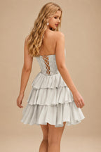 Rutipo Silver A-line Strapless Tiered Ruffle Homecoming Dress with Beaded Ruching Corset