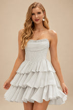 Rutipo Silver A-line Strapless Tiered Ruffle Homecoming Dress with Beaded Ruching Corset