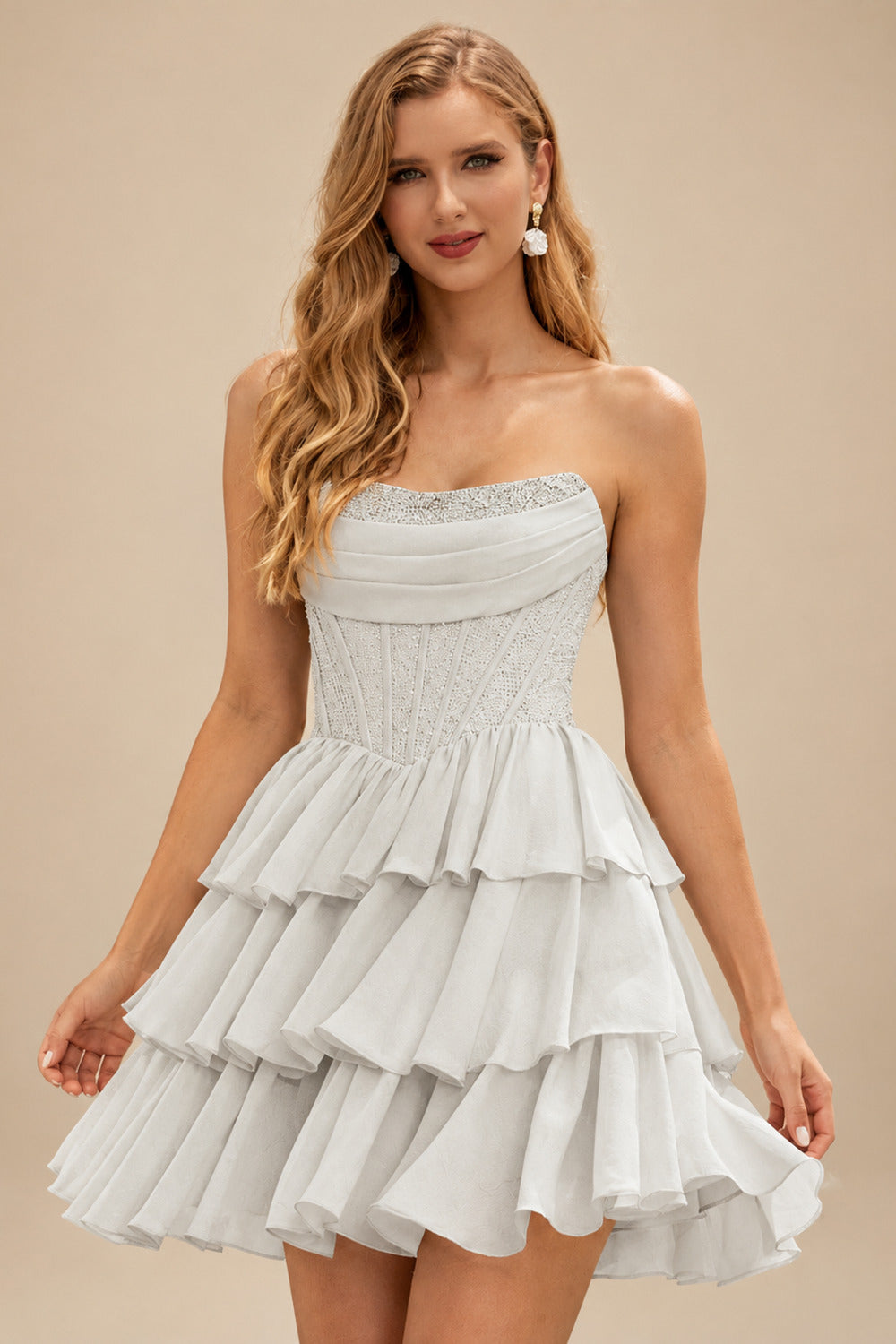Rutipo Silver A-line Strapless Tiered Ruffle Homecoming Dress with Beaded Ruching Corset