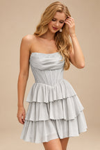 Rutipo Silver A-line Strapless Tiered Ruffle Homecoming Dress with Beaded Ruching Corset