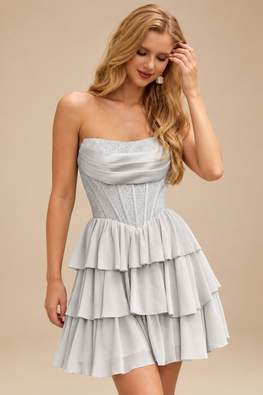 Rutipo Silver A-line Strapless Tiered Ruffle Homecoming Dress with Beaded Ruching Corset