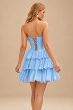 Rutipo Sky Blue A-line Strapless Tiered Ruffle Homecoming Dress with Beaded Ruching Corset