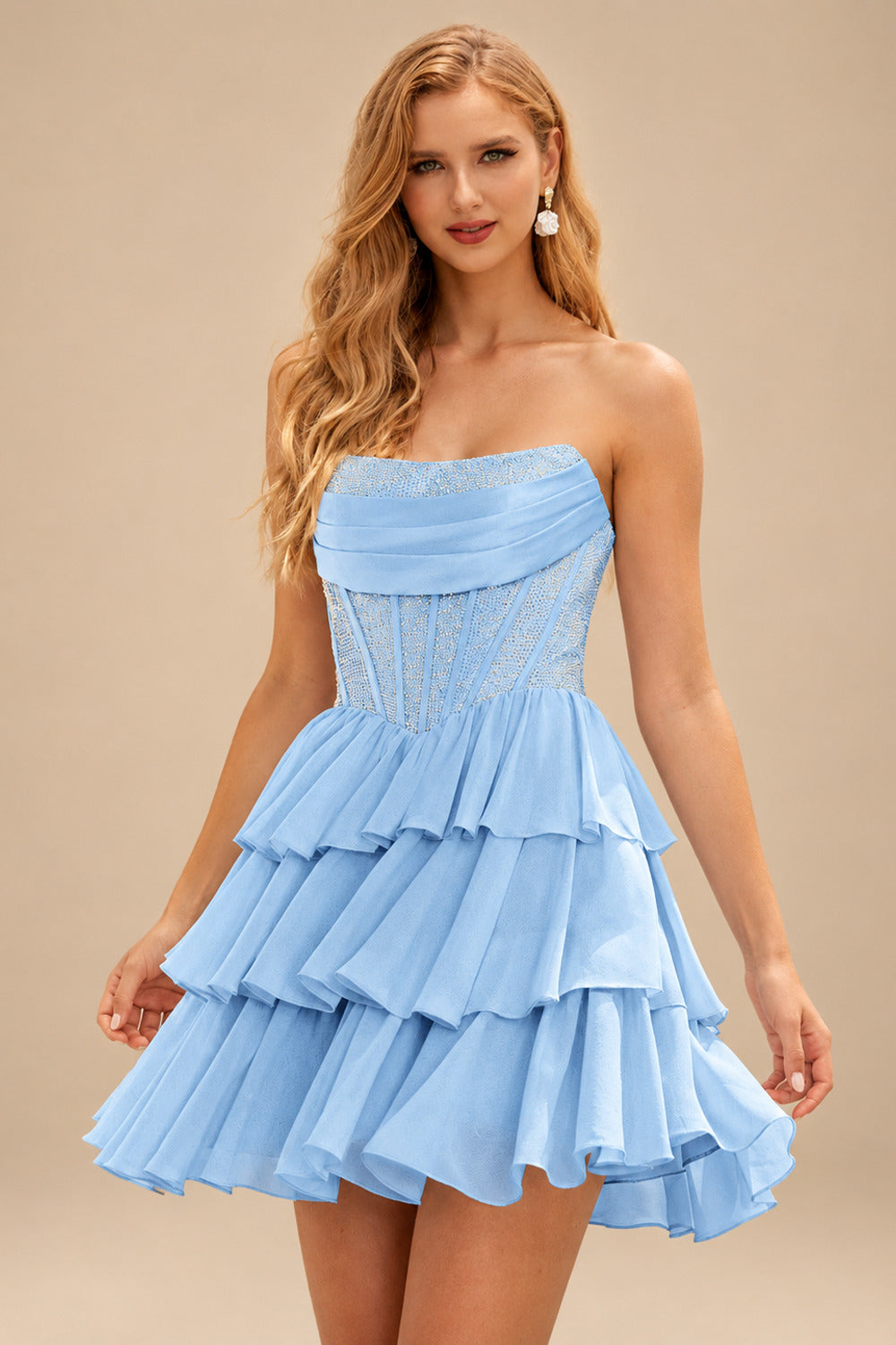 Rutipo Sky Blue A-line Strapless Tiered Ruffle Homecoming Dress with Beaded Ruching Corset