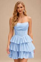 Rutipo Sky Blue A-line Strapless Tiered Ruffle Homecoming Dress with Beaded Ruching Corset