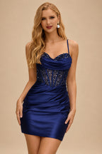 Rutipo Black Cowl Sweetheart Neck Tight Homecoming Dress with Embellished Illusion Corset