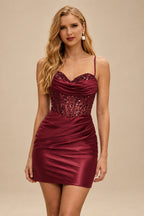 Rutipo Burgundy Cowl Sweetheart Neck Tight Homecoming Dress with Embellished Illusion Corset