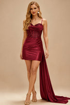 Rutipo Burgundy Cowl Sweetheart Neck Tight Homecoming Dress with Embellished Illusion Corset